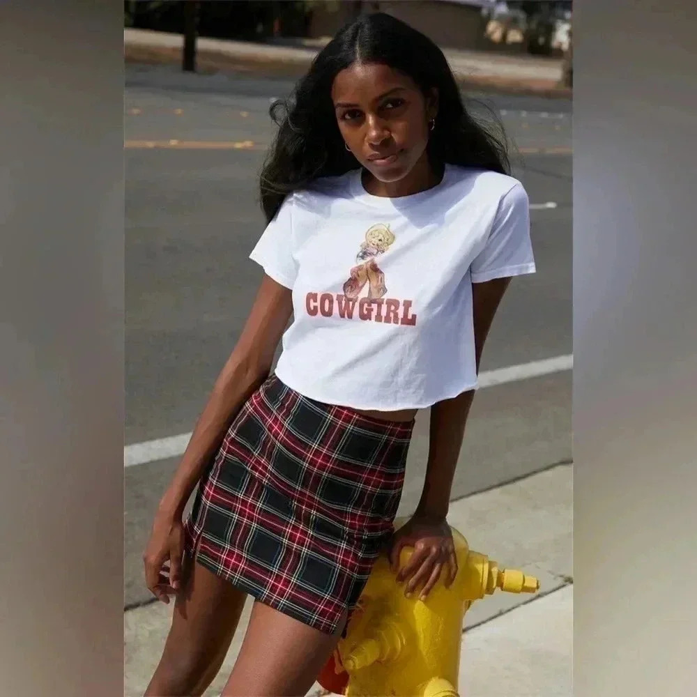 JOHN GALT BRANDY MELVILLE White Cowgirl Crop Top Tee Shirt Cotton Women one size